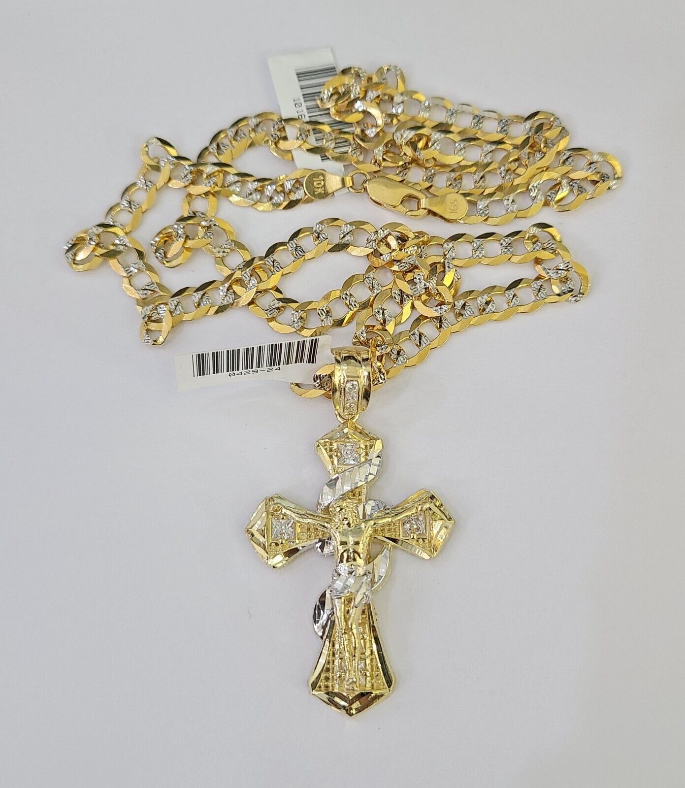 10k Solid Gold Cuban Curb Chain Jesus Cross Pendant 6mm 20"-30" SET Necklace