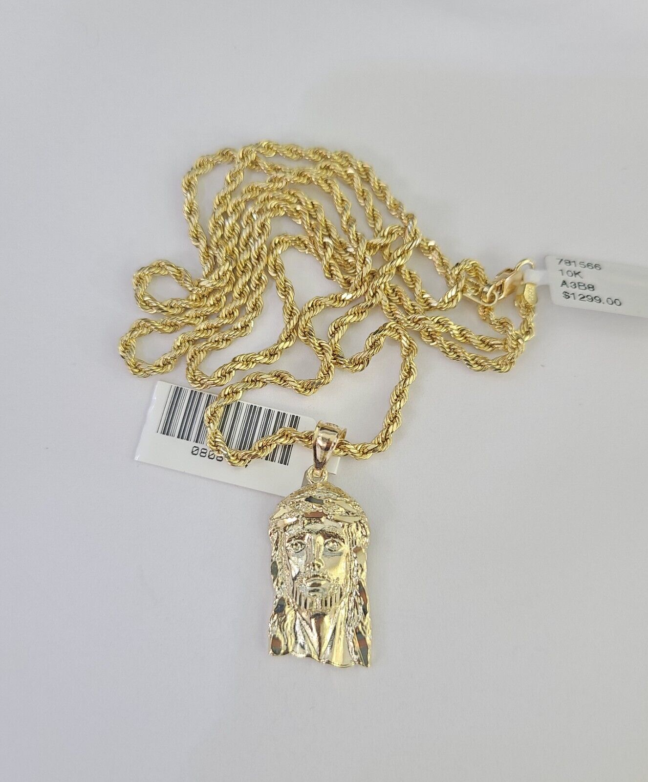 10k 2.5mm Rope Chain Jesus Head Pendant 18"-30" Yellow Gold Set Charm Necklace