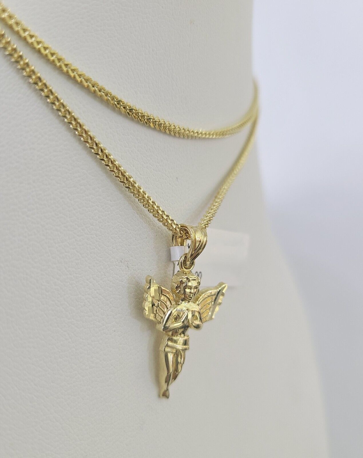 10K Solid Franco Chain Praying Angel Pendant Charm Necklace 18"-24" 1mm Gold