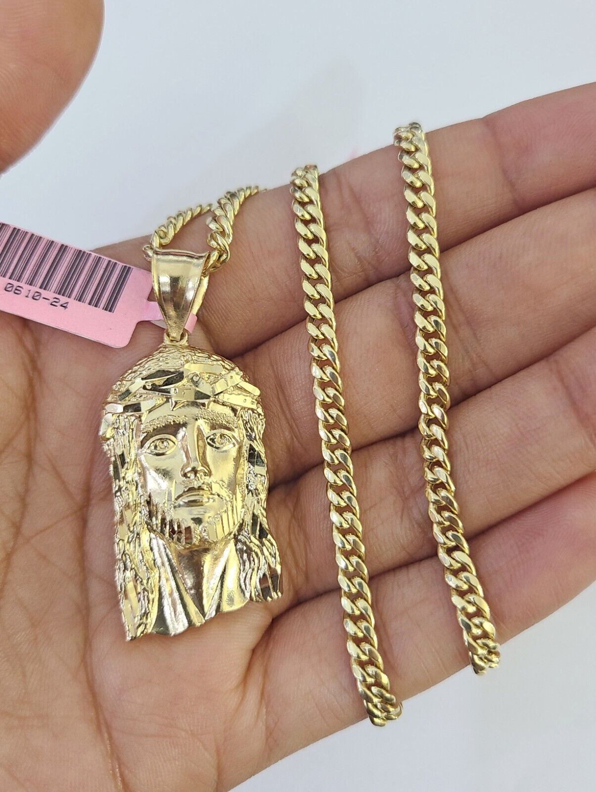 Real 14k Chain Jesus Head Charm Set Miami Cuban Link 4mm Necklace Pendant