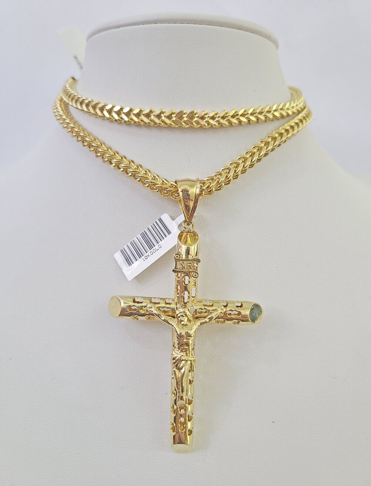 10K Franco Chain INRI Jesus Cross Pendant Charm Necklace 20"-26" 5mm Gold SET