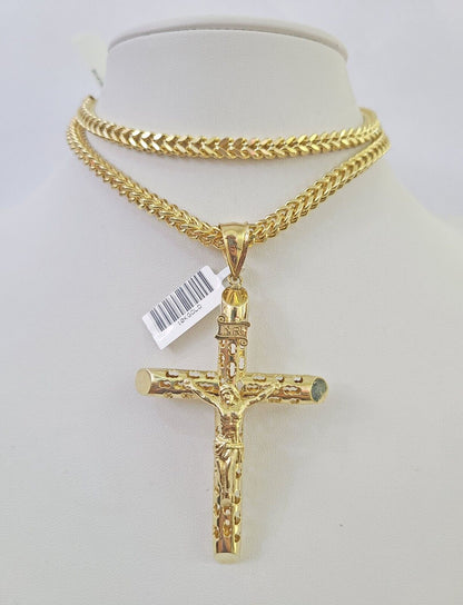 10K Franco Chain INRI Jesus Cross Pendant Charm Necklace 20"-26" 5mm Gold SET