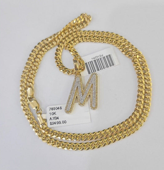 10k Miami Cuban Chain M Diamond Charm Set 4mm 18-26"Yellow Gold Necklace Pendant