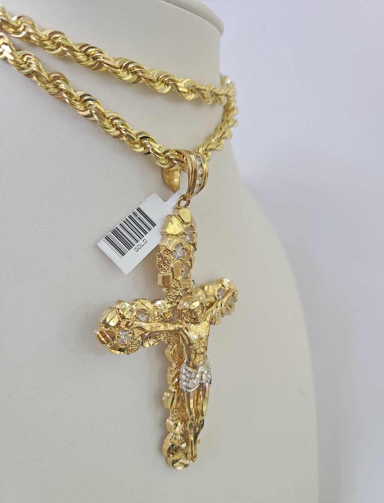 Real 14k Solid Rope Chain Jesus Cross Charm Set 6mm 18"-30" Necklace Gold