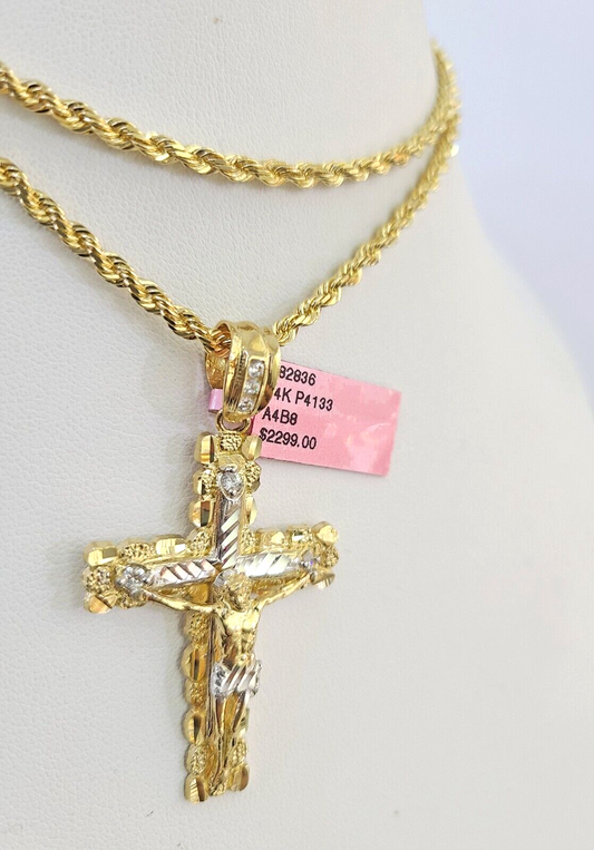 Real 14k Solid Rope Chain Jesus Nugget Cross Charm Set 3mm 18"-26" Necklace Gold