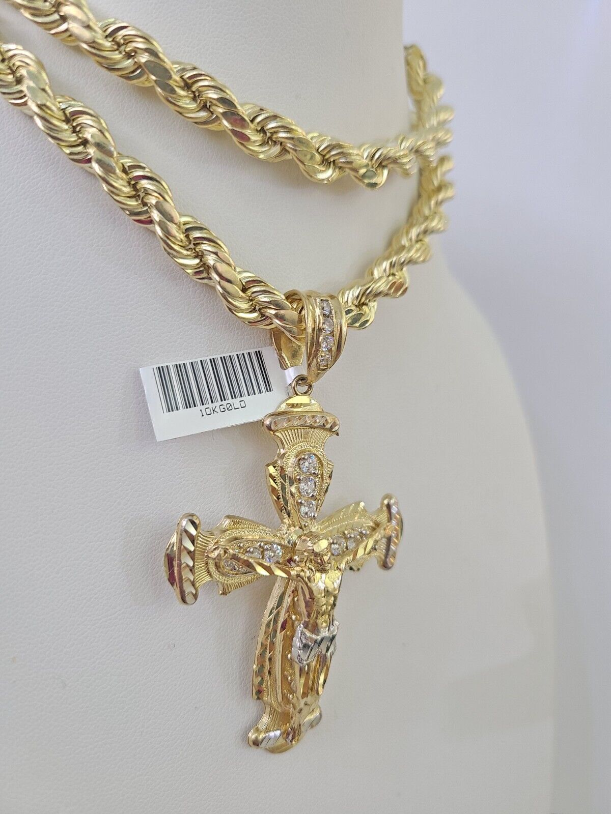 Real 10k Rope Chain Jesus Cross Charm Set 8mm 20"-30" Inch Necklace Yellow Gold