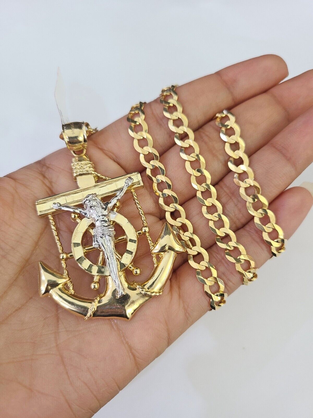 14k Gold Chain Jesus Anchor Charm Solid Cuban Curb 5mm 20"-28" SET Necklace