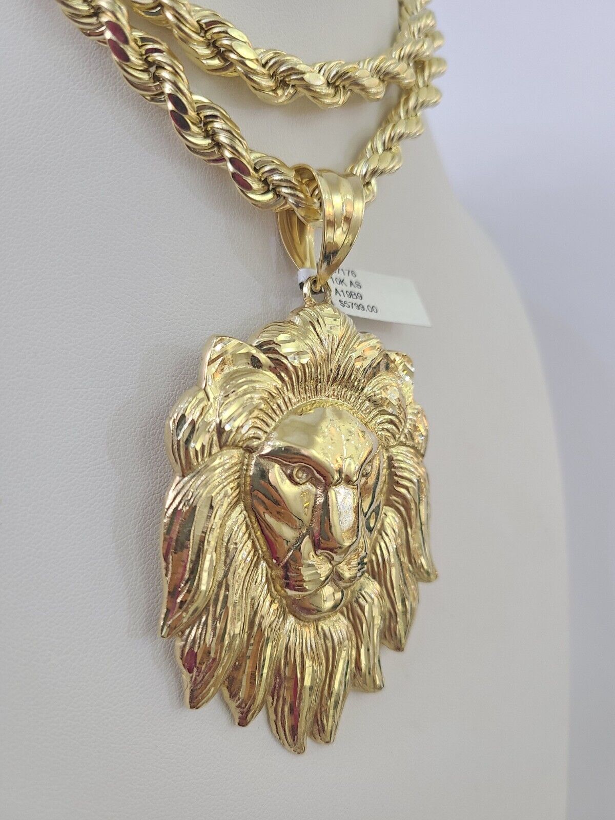 Real 10k Rope Chain Lion Head Charm Set 8mm 20"-30" Inch Necklace Yellow Gold