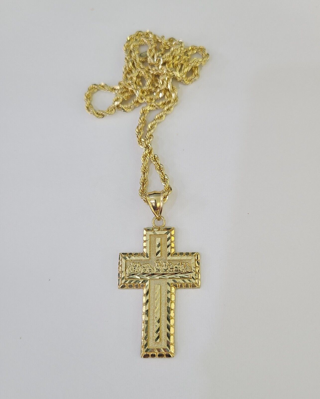 10k 3mm Rope Chain Last Supper Cross Pendant 18"-30" Gold Set Charm Necklace