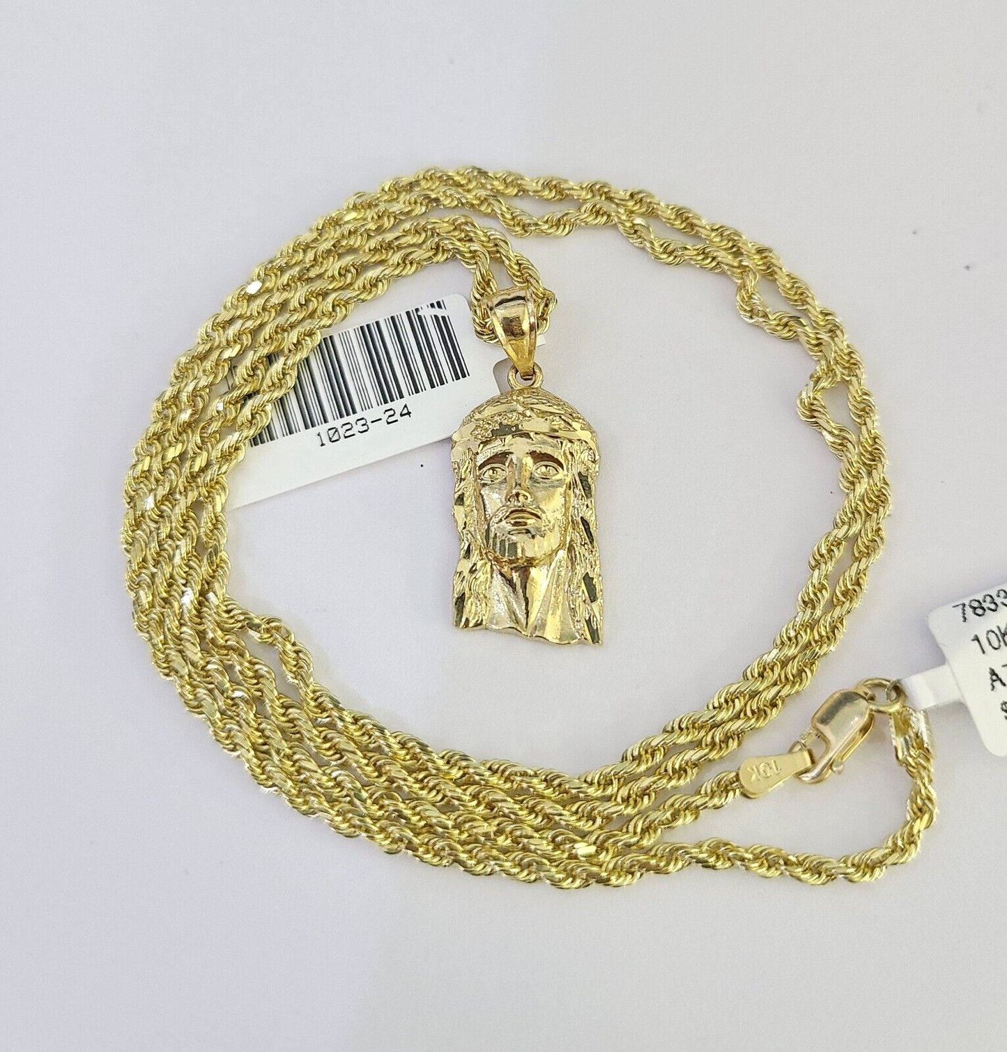 10k Solid Rope Chain 2mm Jesus Head Pendant Charm Necklace SET 18-24 in