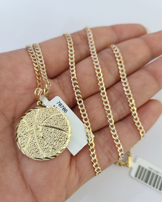 10k Solid Gold Cuban Curb Chain Basket Ball Pendant 2mm 18"-24" SET Necklace