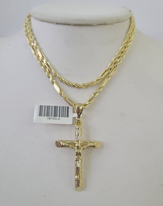 Real 10k Milano Rope Chain Jesus Cross Charm Necklace SET 3mm 18" 20" 22" 24"