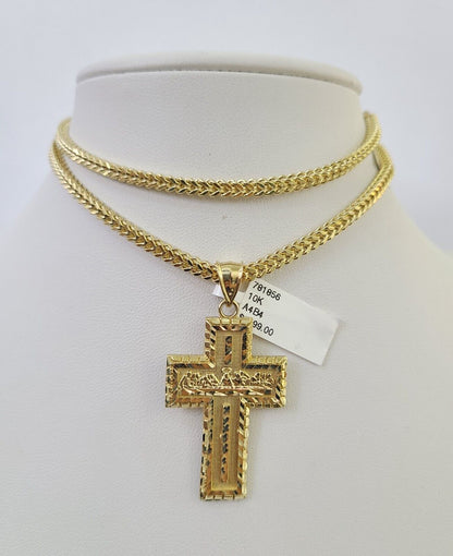 10K Franco Chain Last Supper Cross Pendant Charm Necklace 20"-26" 3mm Gold SET