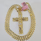 14k Gold Chain Jesus Cross Charm Solid Cuban Curb 5mm 20"-28" Inch SET Necklace