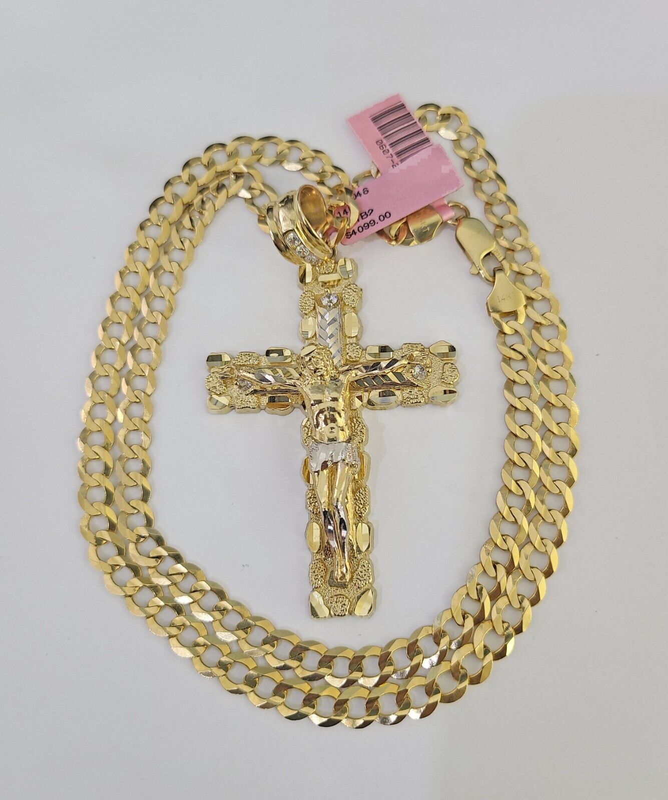 14k Gold Chain Jesus Cross Charm Solid Cuban Curb 5mm 20"-28" Inch SET Necklace