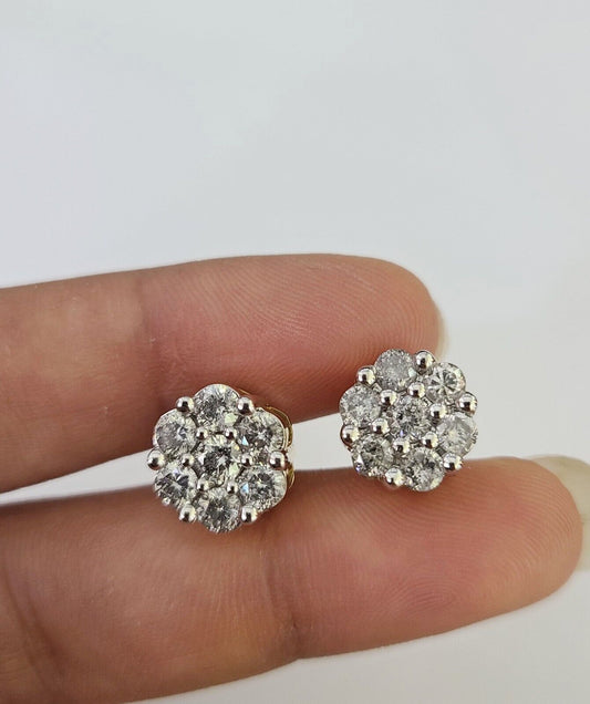 10k Diamond Flower Earrings Yellow gold Real Screw-Back Women Men studs