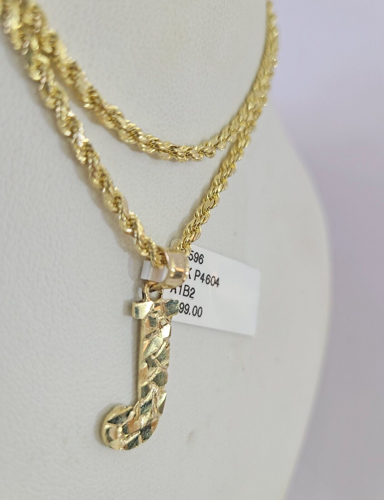 10k Gold Initial J Charm Rope Chain 16"-26" 2.5mm SET Necklace Alphabet Pendant