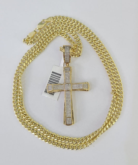 10k Miami Cuban Chain Jesus Cross Charm Set 4.5mm 20"-28" Necklace Pendant Gold