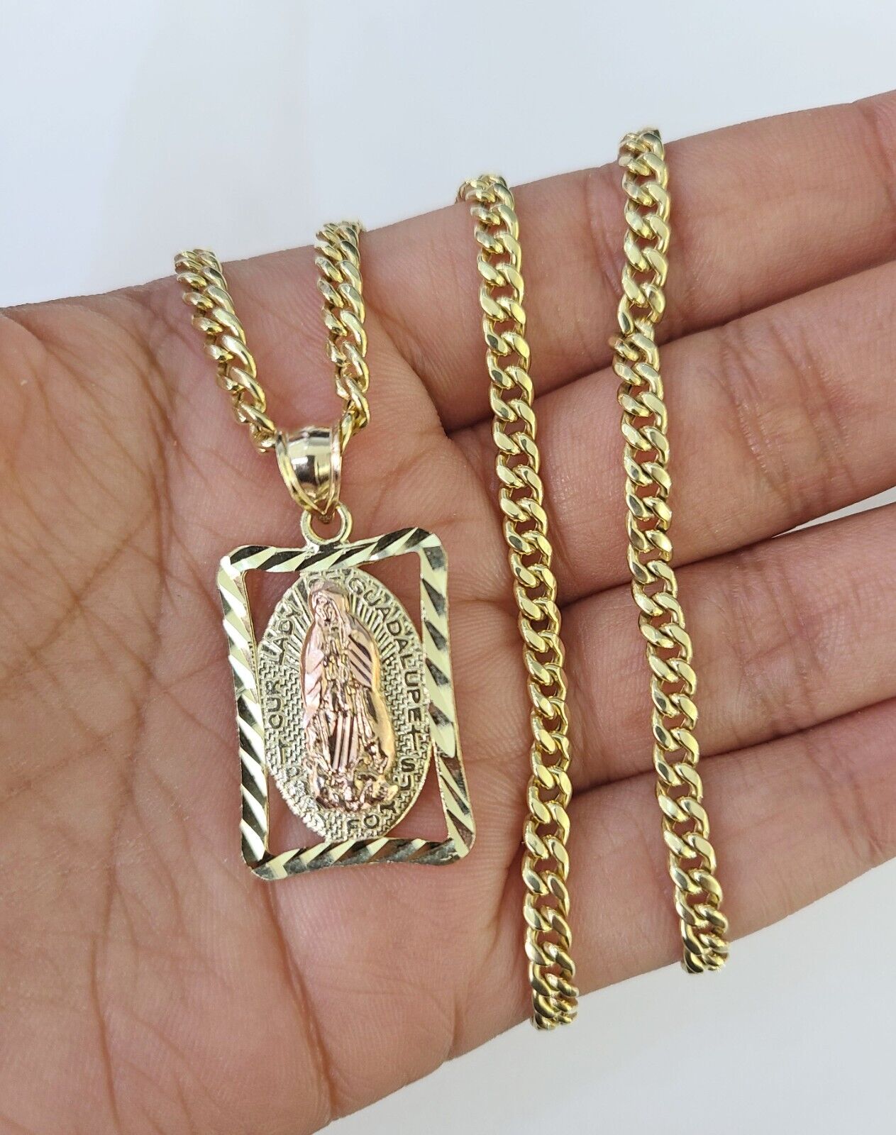 10k Miami Cuban Chain Virgin Mary Charm Set 4mm 18"-28" Necklace Yellow Gold