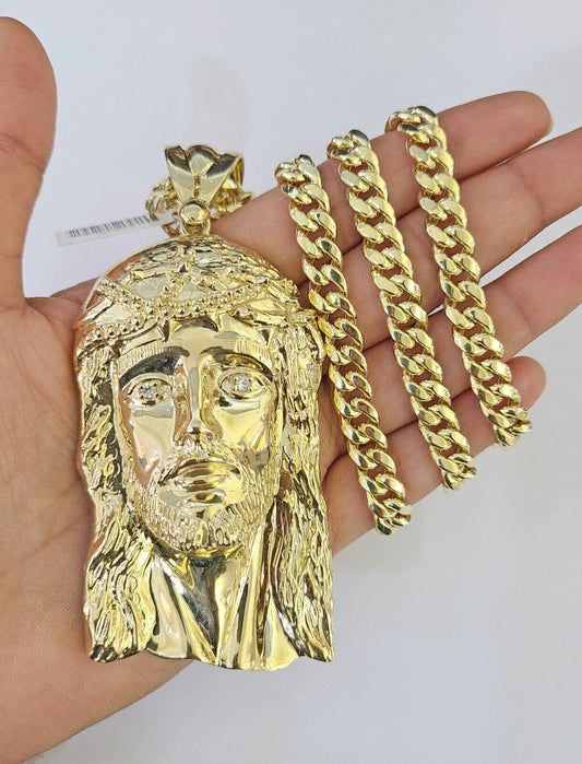 10K Miami Cuban Link Chain Jesus Head Pendent Charm 8mm 20"-30" Necklace Gold