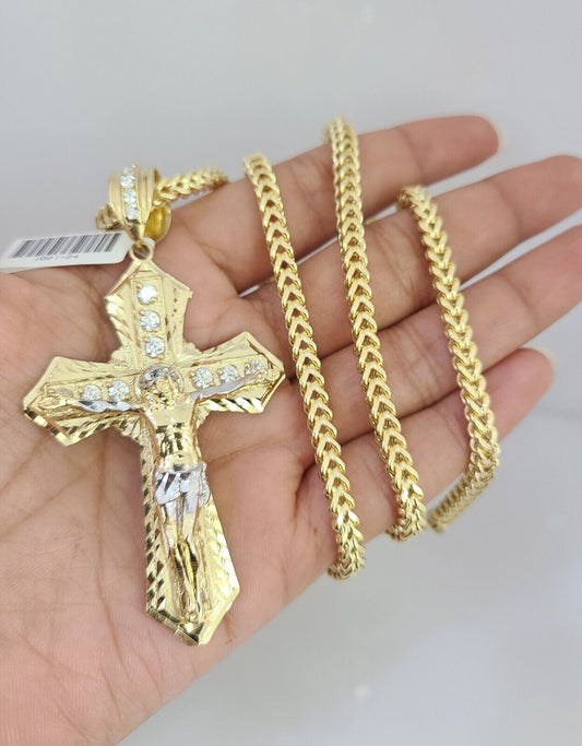 10K Franco Chain Jesus Cross Pendant Charm 20"-28" 4mm Gold SET Necklace Yellow