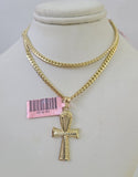 Real 14k Solid Chain Cross Charm Set Miami Cuban Link 3mm Necklace Pendant Gold