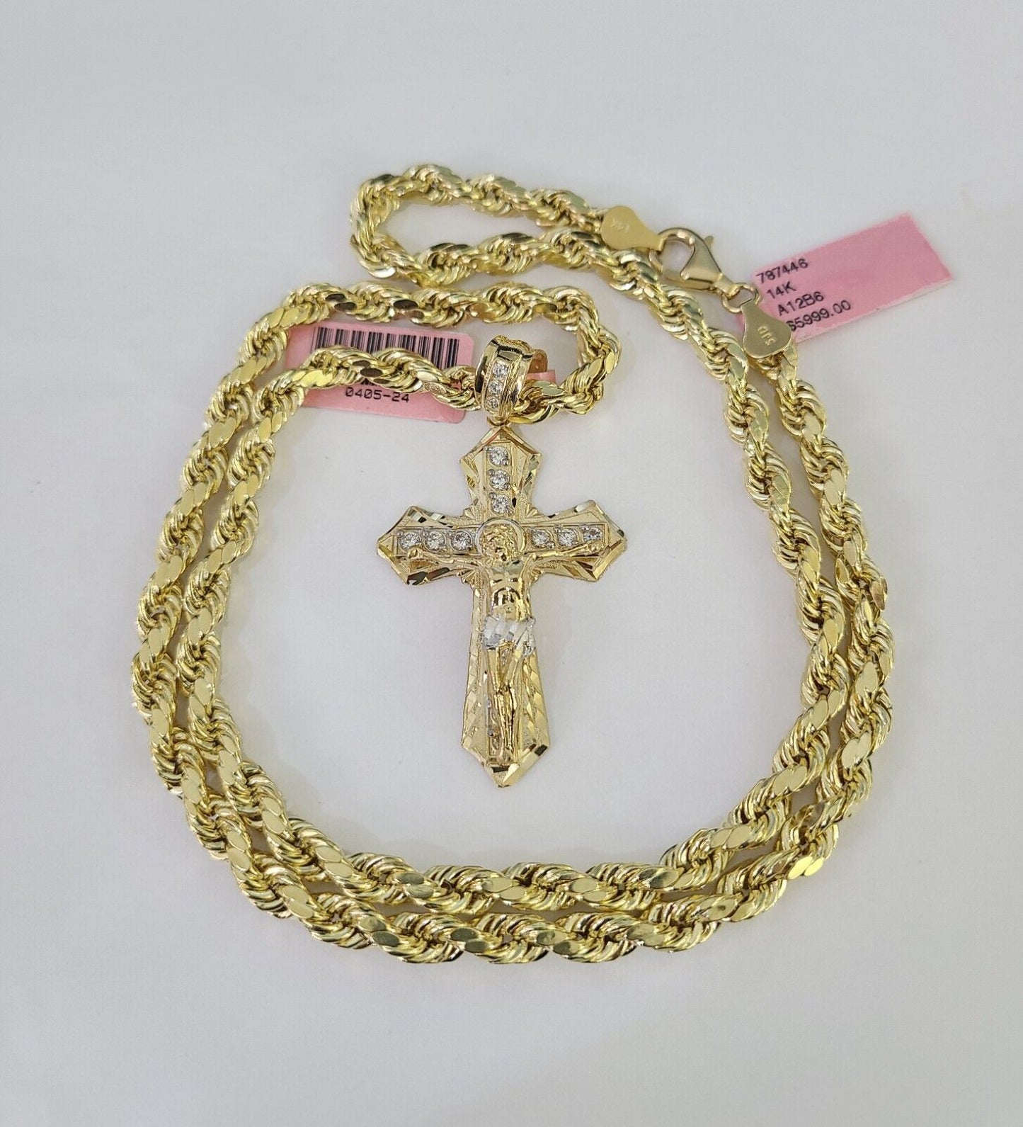 Real 14k Rope Chain Jesus Cross Charm Set 6mm 18"-28" Necklace Yellow Gold