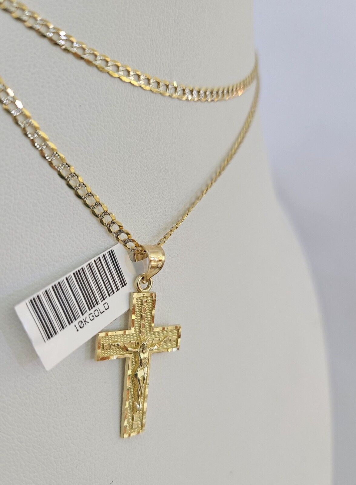 10k Solid Gold Cuban Curb Chain Jesus Cross Pendant 2mm 18"-24" SET Necklace