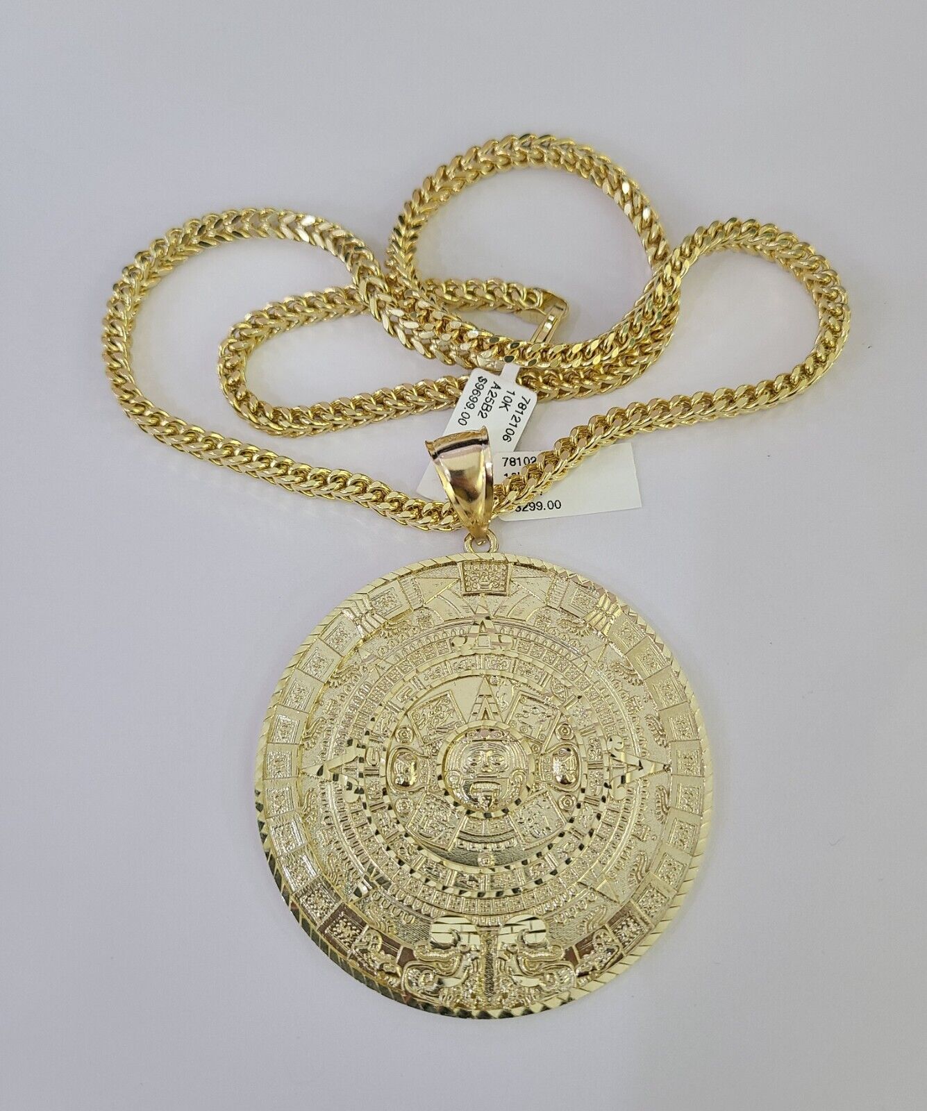 10K Franco Chain Mayan Calendar Pendant Charm Necklace 20"-26" 5mm Gold SET