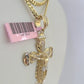 Real 14k Solid Chain Cross Charm Set Miami Cuban Link 3mm Necklace Pendant Gold