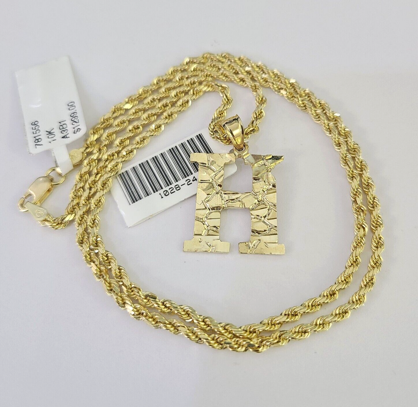 10k Gold Initial H Charm Rope Chain 16"-26" 2.5mm SET Necklace Alphabet Pendant