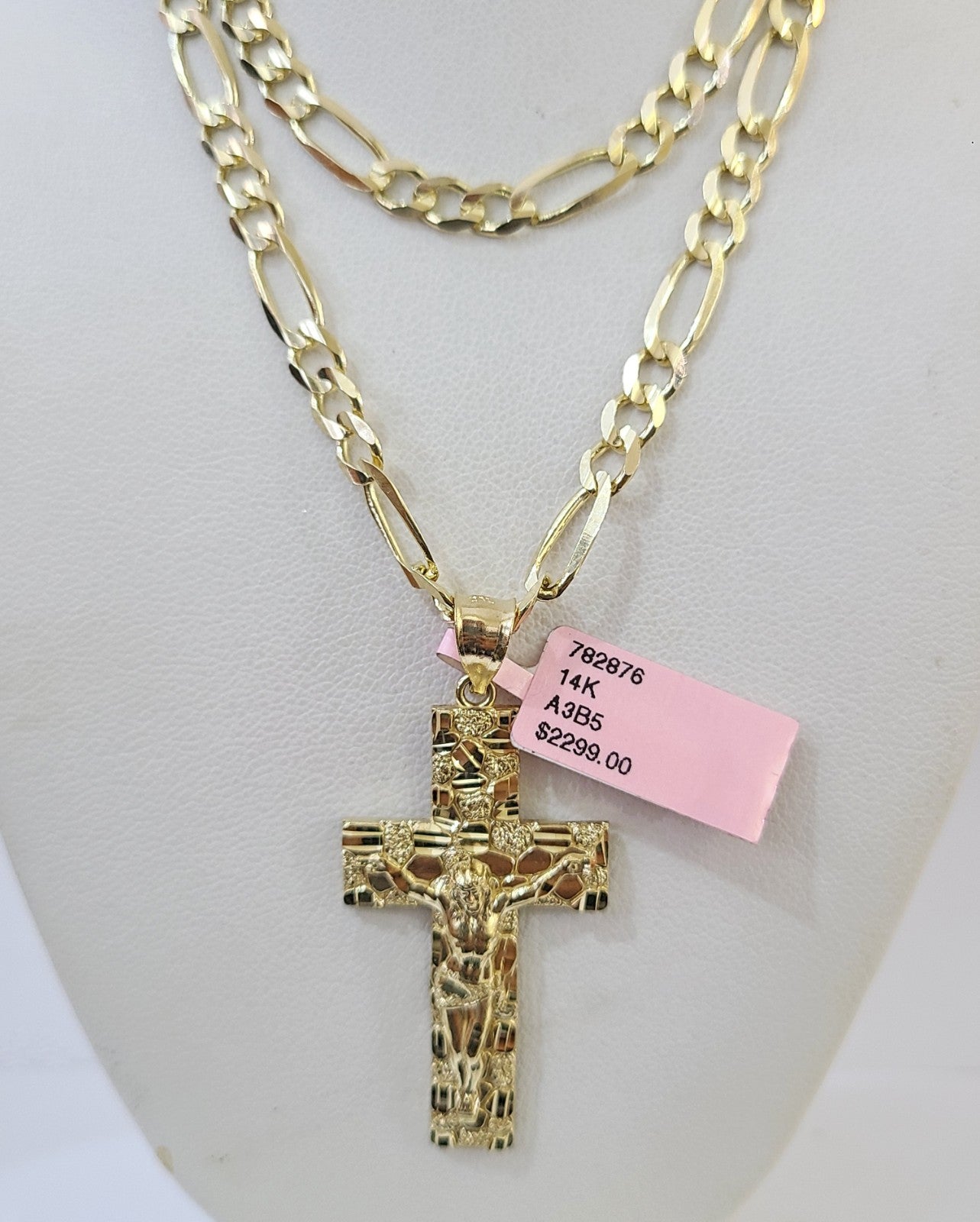 14k Solid Figaro Chain Nugget Cross Pendant Gold 5mm 18-28 inch SET Necklace