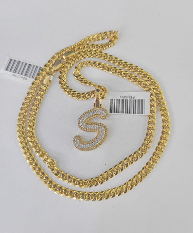 10k Miami Cuban Chain S Diamond Charm Set 4mm 18-26"Yellow Gold Necklace Pendant
