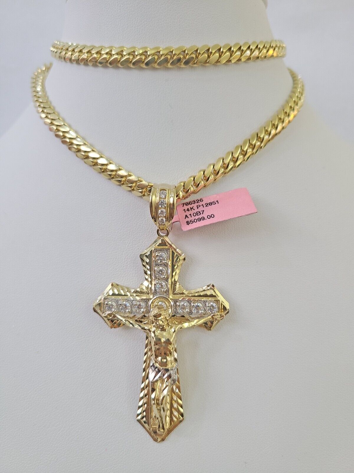 Real 14k Solid Chain Cross Charm Set Miami Cuban Link 6mm Necklace Pendant Gold