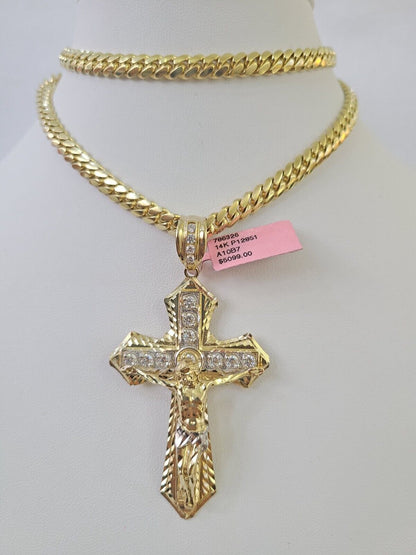 Real 14k Solid Chain Cross Charm Set Miami Cuban Link 6mm Necklace Pendant Gold