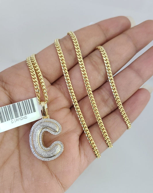 10K Solid Gold Miami Cuban Chain SET Diamond C Initial Charm 18"-26" 2.5mm