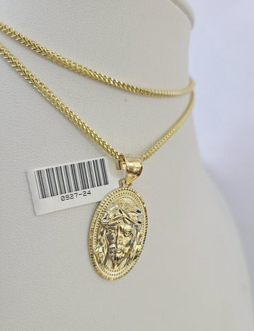 10K Franco Chain Jesus Head Pendant Charm Necklace 16"-24" 2mm Gold SET Yellow