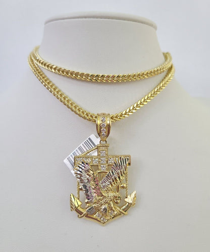 10K Franco Chain Eagle Anchor Pendant Charm Necklace 20"-28" 4mm Yellow Gold SET