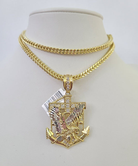 10K Franco Chain Eagle Anchor Pendant Charm Necklace 20"-28" 4mm Yellow Gold SET