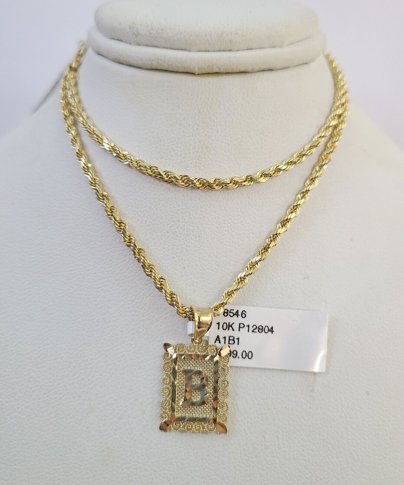 10k Gold Initial B Charm Rope Chain 16"-26" 2.5mm SET Necklace Alphabet Pendant