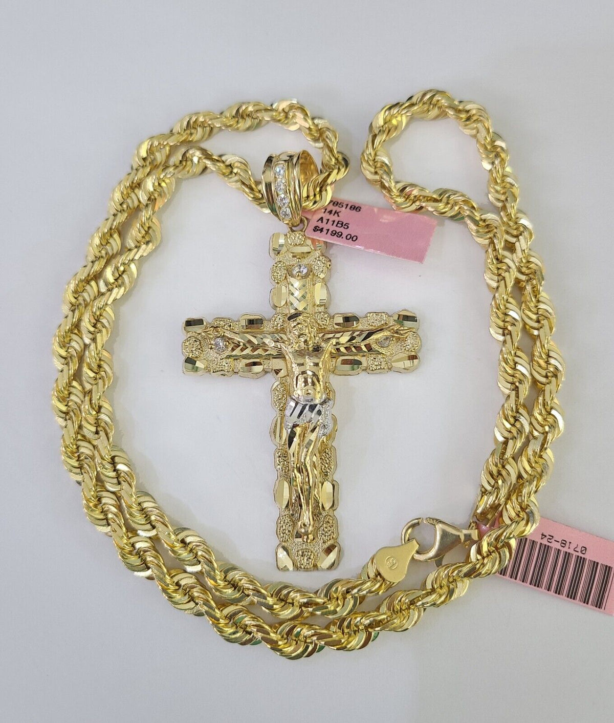 Jesus Rope Silver Chain Real 14k Solid Rope Chain Jesus Cross Charm Set 6mm 18