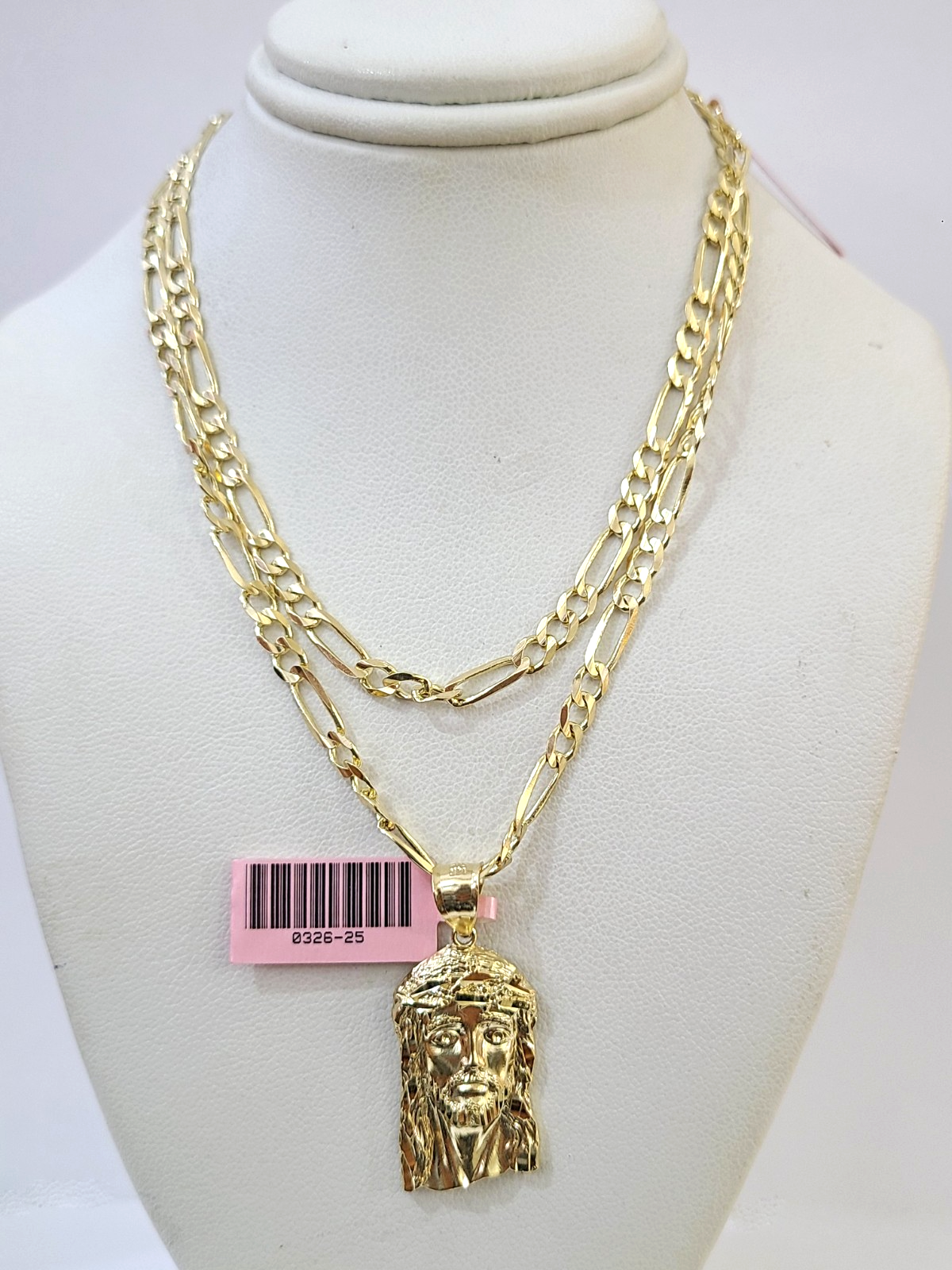 14k Solid Figaro Chain Jesus Head Pendant Gold 4mm 18-28 inch SET Necklace