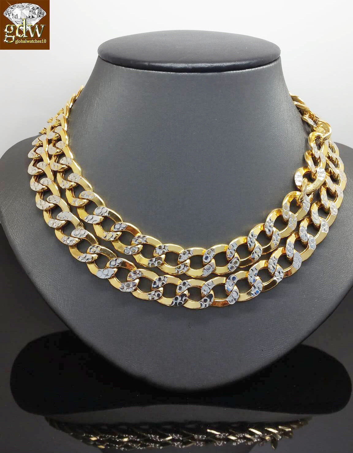 Real 10k Gold Cuban Curb Link Chain 10mm 24 Inch Two-tone Diamond Cut Necklace