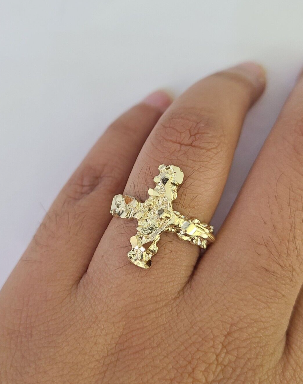 REAL 10K Gold Jesus Cross Nugget Ring Band Style Rings 10Kt Yellow