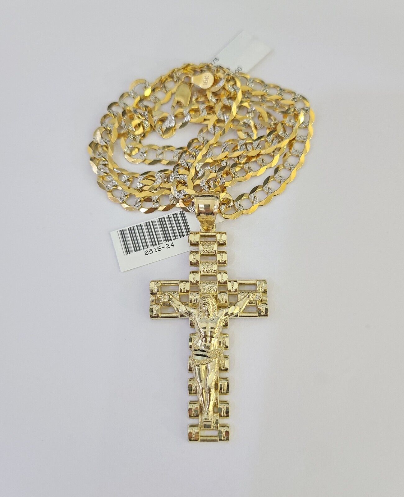 10k Solid Gold Cuban Curb Chain Jesus Cross Pendant 6mm 20"-30" SET Necklace