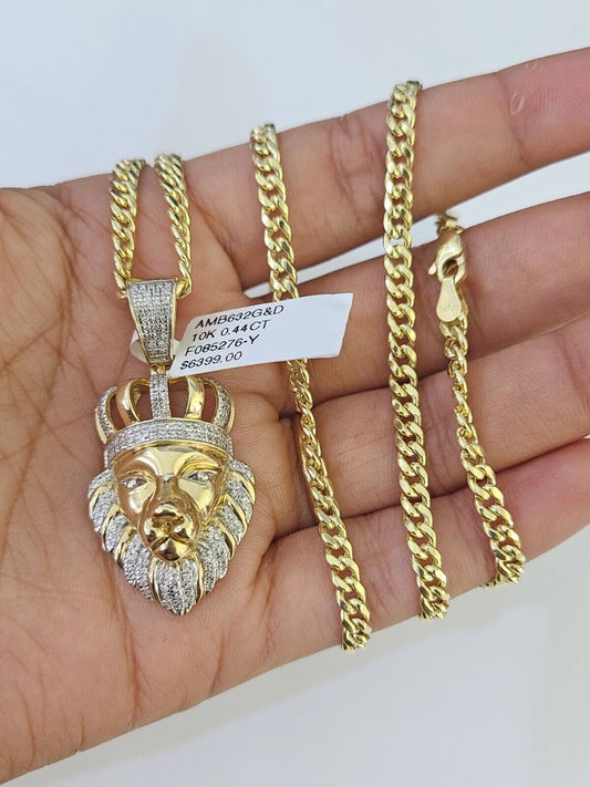 10k Miami Cuban Chain Lion Charm Diamond Set 4.5mm 20"-28" Necklace Gold