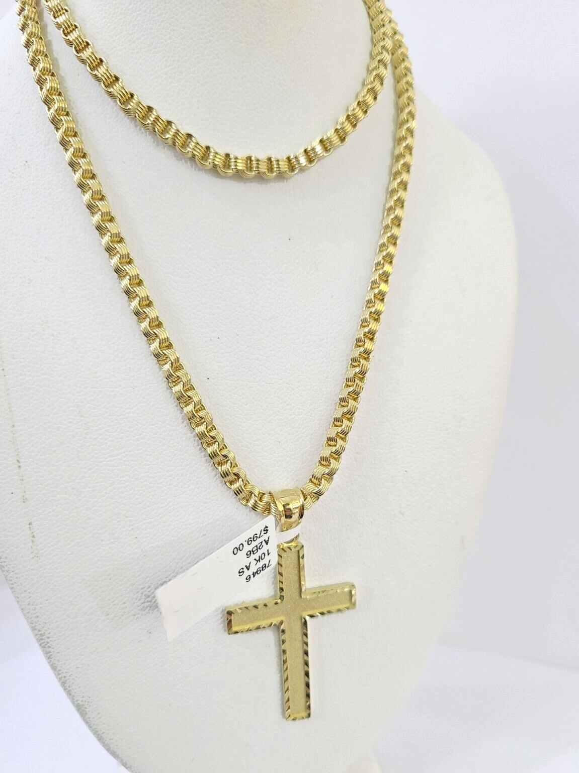 Real 10k Gold Plain Cross Byzantine Chain Necklace 3mm 20" SET 10kt Genuine