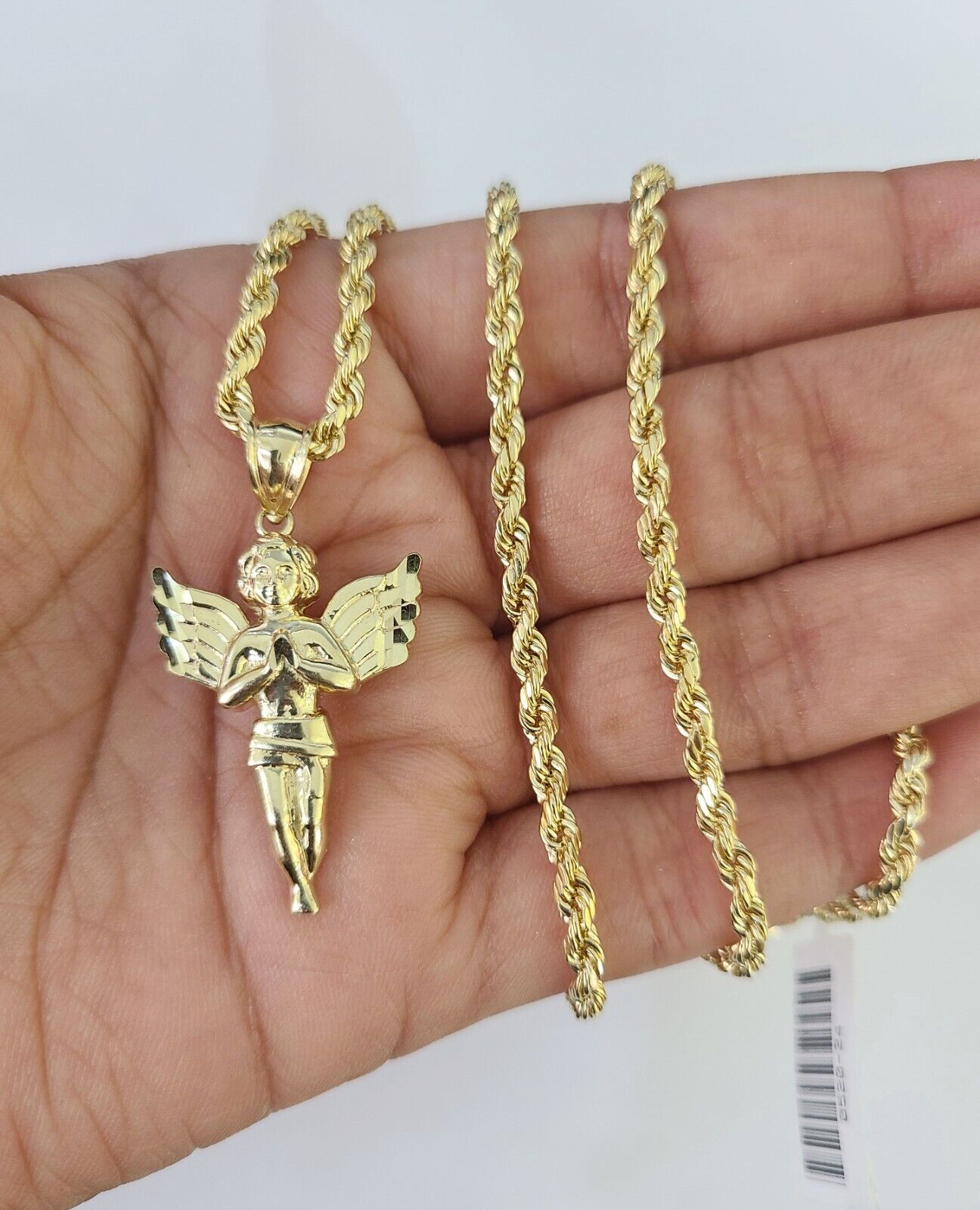 10k 3mm Rope Chain Praying Angel Pendant 18"-30" Yellow Gold Set Charm Necklace