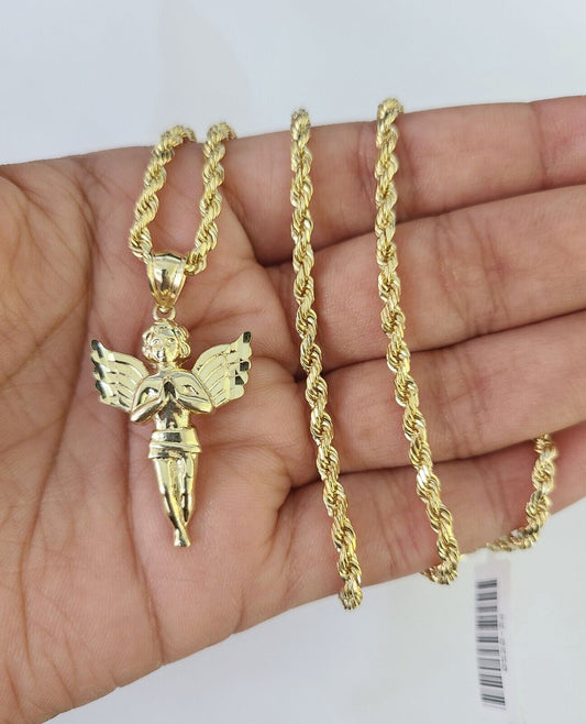 10k 3mm Rope Chain Praying Angel Pendant 18"-30" Yellow Gold Set Charm Necklace