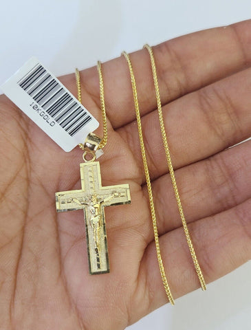 10K Solid Franco Chain Jesus Cross Pendant Charm Necklace 18"-24" 1.5mm Gold